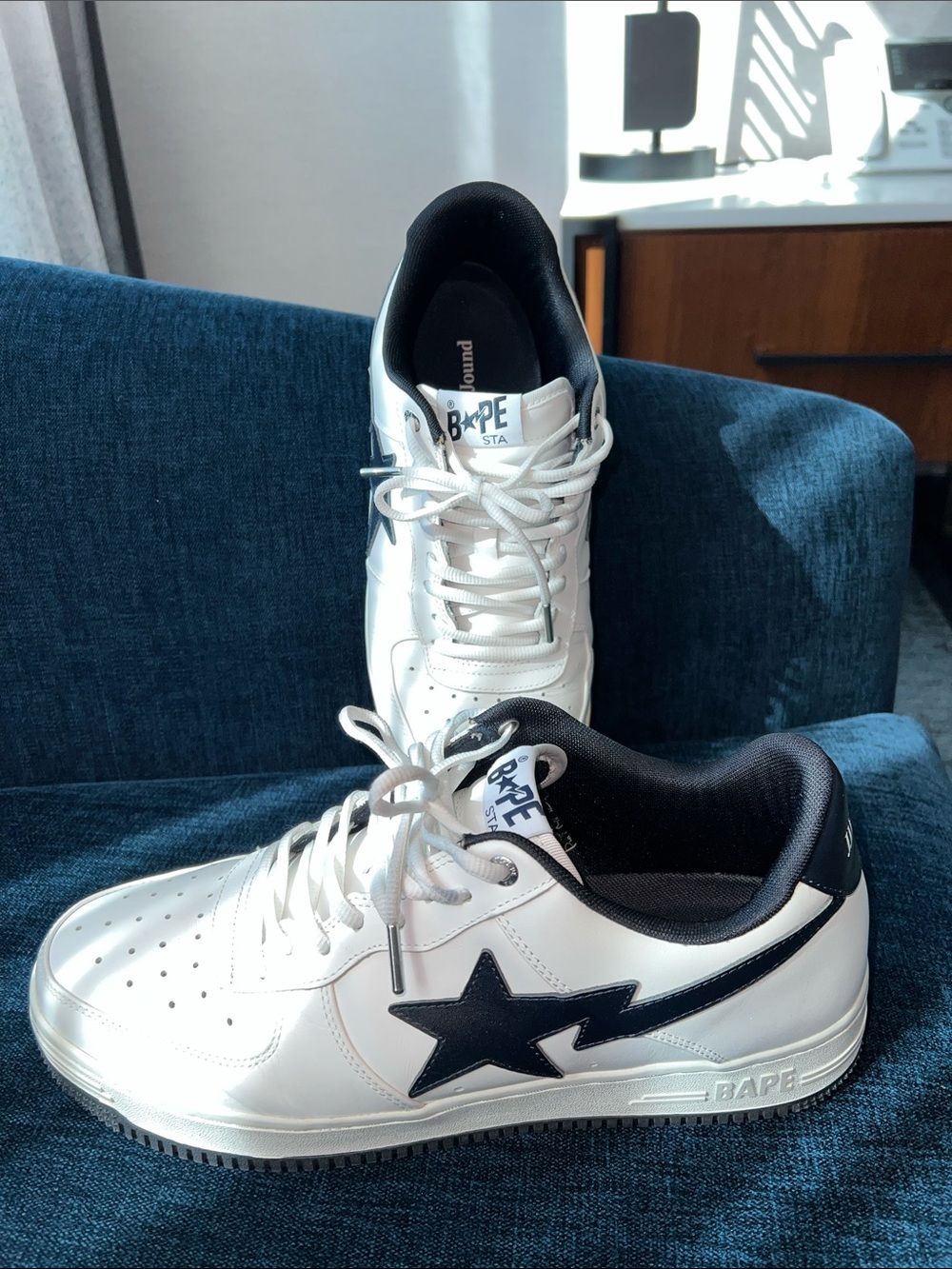 JJJJound Bape White Leather Low-Top Sneakers with Black Star Accent US Size 12